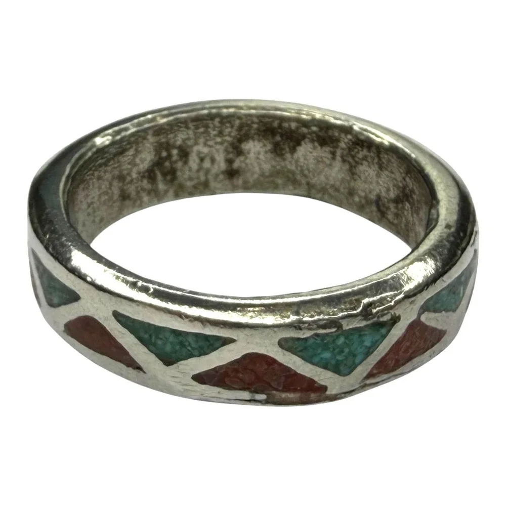 Vintage Band Ring Nickel Silver Size 14 Turquoise Coral Chip Inlay